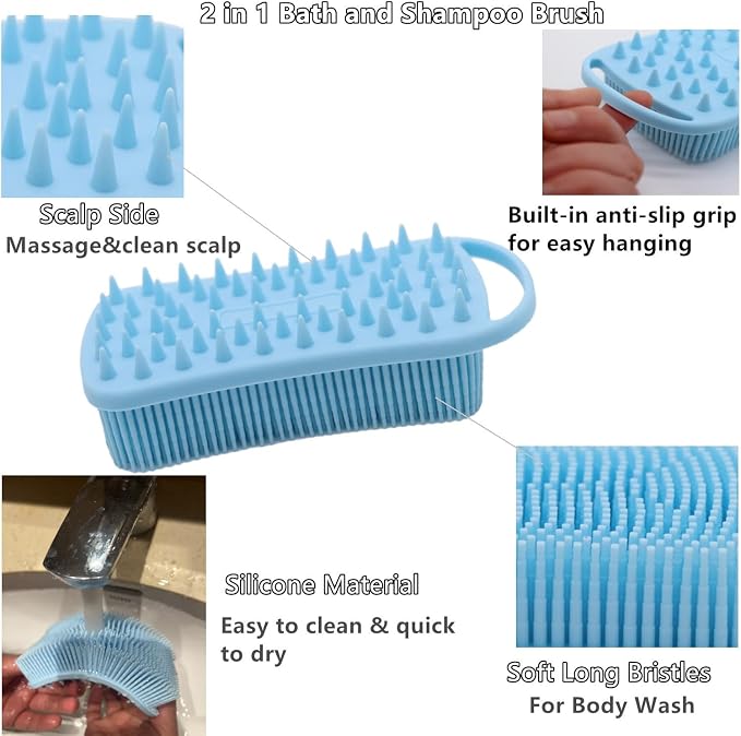 2Pack Dual Sided Silicone Body Scrubber for Exfoliating, Shower and Scalp Massage, 2 in 1 Bath & Shampoo Brush,Soft Exfoliating Body Shower Scrubber Brush (Pink&Blue)