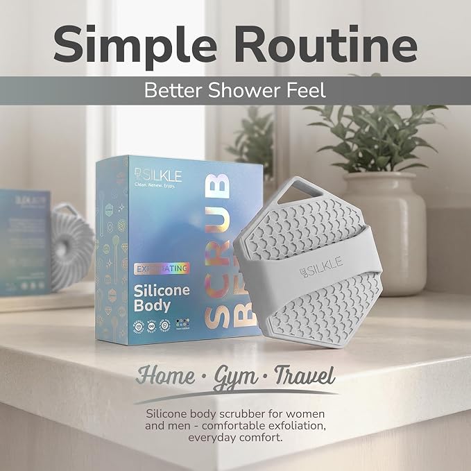 SILKLE Silicone Body Scrubber Exfoliator, Shower Scrubber & Silicone Loofah | Exfoliating Body Scrubber, Non-Slip Grip - Silicone Bath Brush & Shower Brush for Body, Quick-Rinse One-Piece Design - Gray