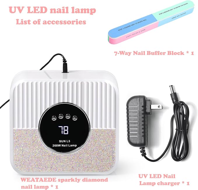 UV LED Nail Lamp 268W Gel Nail Light Nail Polish UV Dryer with 4 Timer Setting Quick Dry Nail Curing Tools for Salon & Home with 1 Contain Buff Nail Buffer Block（White）