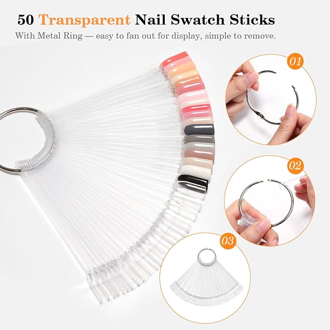 PEACECOLOR 50 Pcs Nail Swatch Sticks with Ring, Nail Color Swatches Display Kit with 60 Blank Number Sticker & Protective Container Box - Clear Fan-Shaped Swatch for Nail Art Practice Home and Salon