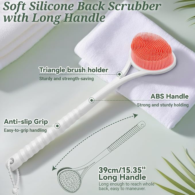 Silicone Back Body Face Scrubbers Set 4PCS, 15.35’’ Back Scrubber Soft Body Scrubber for Dual-Side Usage, Easy-to-Hold Soft Bath Glove & Face Scrubber for Good Foaming Deep Cleaning(Pink)