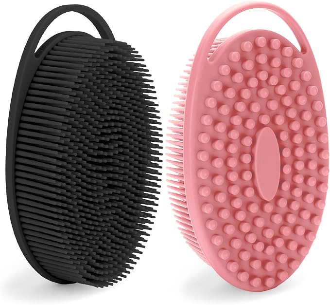 Silicone Bath Scrubber for Body, Silicone Scalp Scrubber & Mens Body Scrubber, Large Flat Head Design with Handle - Pink & Black, Loofah Exfoliating Body Scrubber for Women & Men
