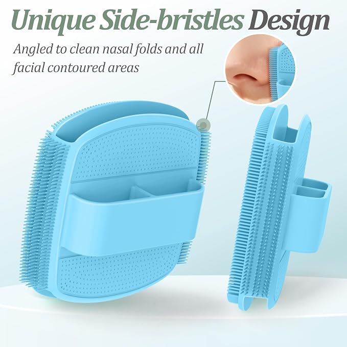 Silicone Back/Body/Face Scrubber & Lymphatic Contour Face Brush Set 4PCS, 13.4'' Soft Back Scrubber, 360° Anti-Slip Bath Glove, Unique Side-bristled Face Scrubber for All-Round Cleaning(Blue)