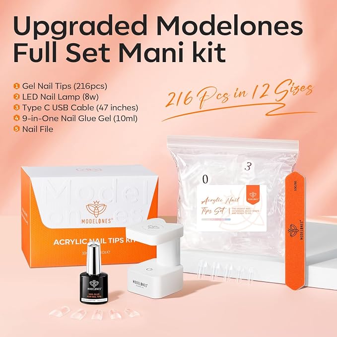modelones X Nail Gel Kit Medium Square, 9-in-One Nail Glue UV Light | 216Pcs 12Sizes Pre-Etched Press ons Fake Acrylic Extension Kit DIY Salon Gift