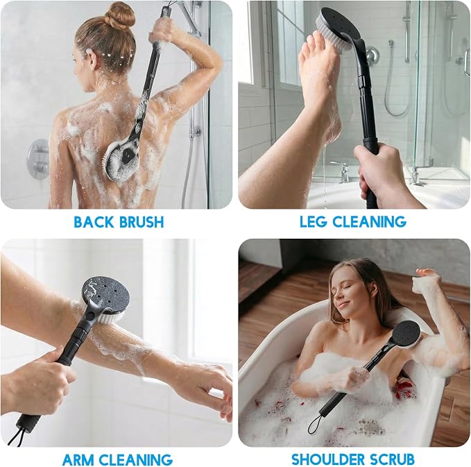 Long Handle Back Scrubber for Shower, 25.7” Telescopic Anti-Slip Bath Brush, Easy Reach Back Cleaner for Exfoliating Dead Skin, Great for Elderly, Disabled & Hard-to-Reach Areas