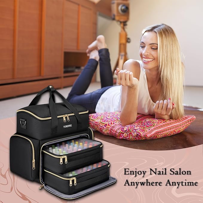 YOREPEK Large Nail Polish Organizer Case Holds 70 Bottles (15ml/0.5 fl.oz) | Nail Tech Organizers and Storage 2 Removable Nail Pouches Fits Nail Supplies, maleta para manicurista profesional