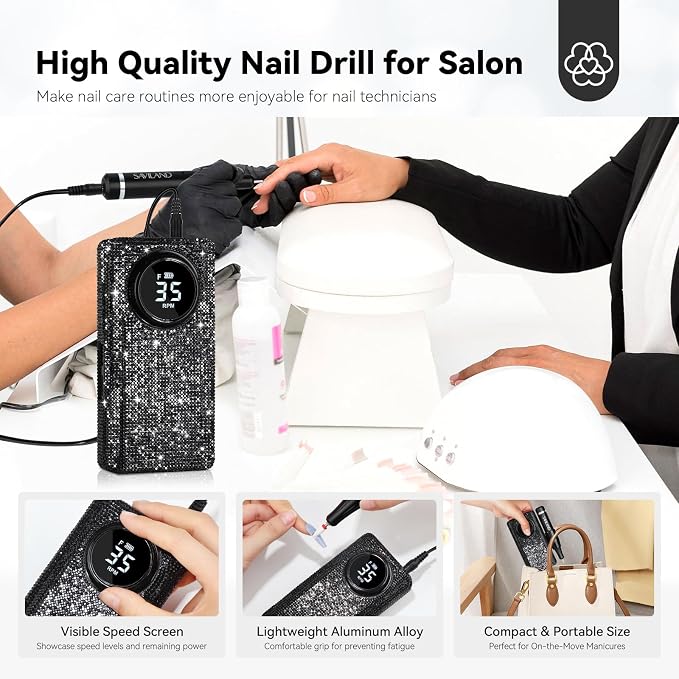 SAVILAND Portable Electric Nail Drill 35000RPM for Professional Nail Techs | Low noise, Fast acrylic removal, Large battery, Nail file tool, Manicure pedicure, Home salon & nail art application