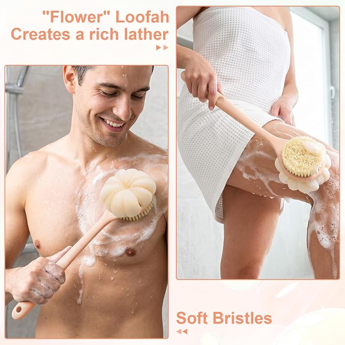 Back Scrubber for Shower with Long Handle, Double-Sided Shower Brush for Body, Loofah Back Scrubber & Bristle Bath Brush, Back Brush for Shower Exfoliating Hard-to-Reach Areas, Bath Brush Long Handle