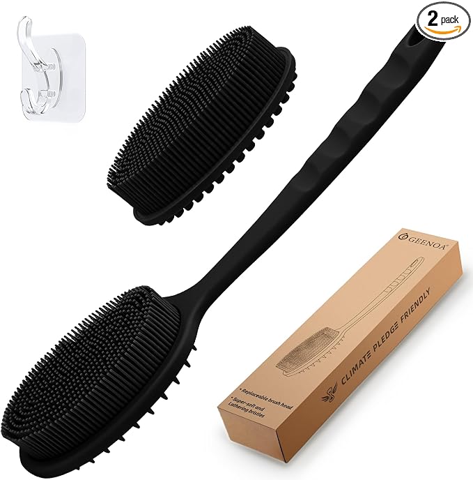 Silicone Back Scrubber, Soft Silicone Loofah with Handle, Gentle Exfoliating Back Scrubber, Back Brush Bath Brush with Two Dual-Side & Detachable Brush Heads(Black-Two Heads)