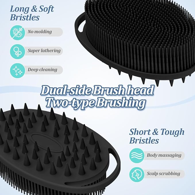 Silicone Back/Body/Face Scrubber & Scalp Massager Set 5PCS, 13.4'' Soft Back Scrubber, 360° Anti-Slip Bath Glove, Unique Side-bristled Face Scrubber, Shampoo Brush for All-round Cleaning(Black)