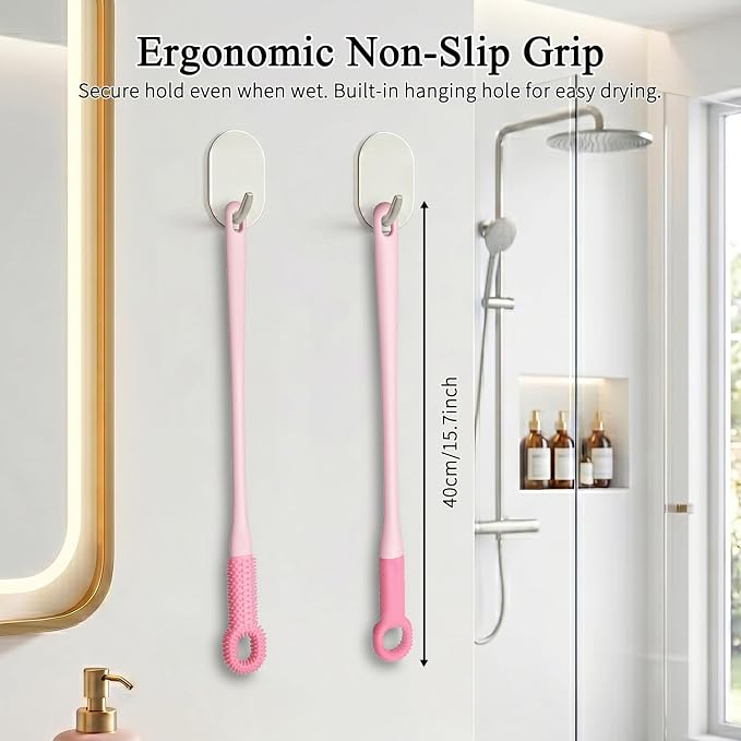 2 Pack Toe Cleaning Brush with 15.7" Long Handle, Silicone Foot Scrubber & Exfoliating Anti-Itch Brush for Bath & Feet, No-Bend Long Reach Feet Cleaner for Seniors & Daily Living (Pink)