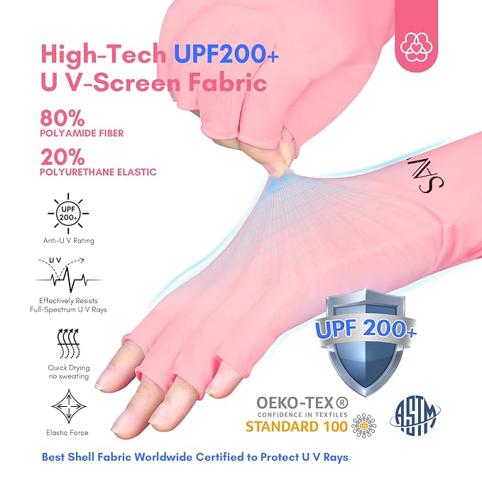 SAVILAND UPF200+ U V Gloves for Gel Manicures One Size Fit Most Pink | Sun & U V Protection Anti UVA & UVB 999+, Fingerless Gloves, U V Light Gloves Prevent Hands from UV Harm