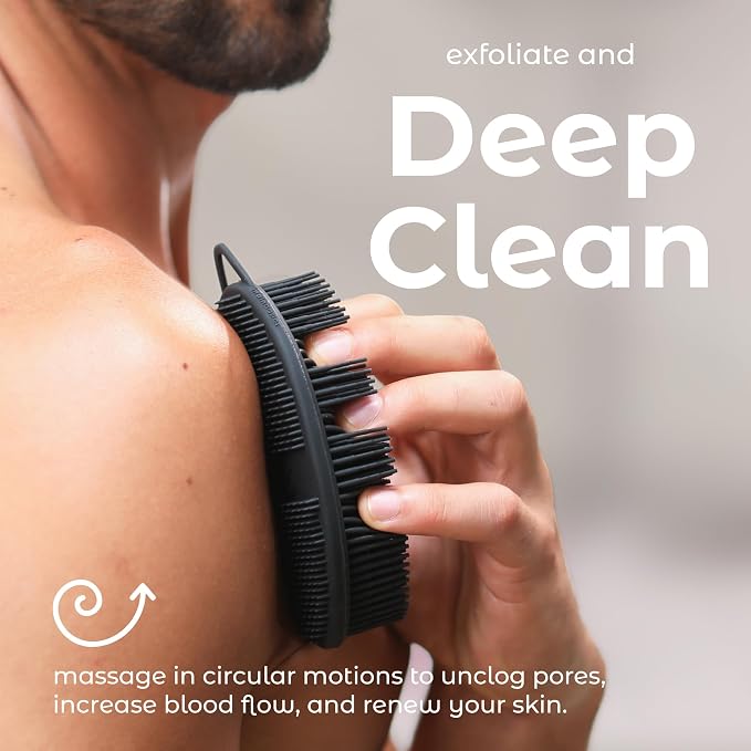 MainBasics Silicone Body Scrubber Dual-Sided, Black, Exfoliate | Shower Exfoliator for Men & Women, Gentle Silicone Loofah Alternative for Deep Clean