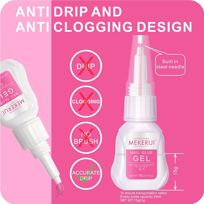 MEKERUI Nail Glue for Press-On Nails | 30+ Day Strong Hold, Waterproof, Quick Dry, No UV Needed, Precision Tip for Salon-Quality Wear