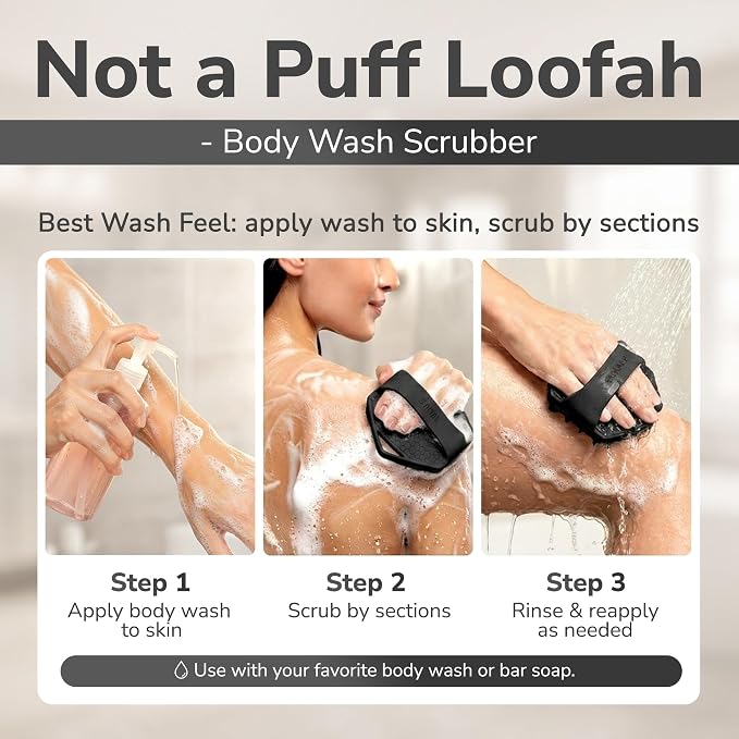 SILKLE Silicone Body Scrubber Exfoliator, Shower Scrubber & Silicone Loofah | Exfoliating Body Scrubber, Non-Slip Grip - Silicone Bath Brush & Shower Brush for Body, Quick-Rinse One-Piece Design - Black