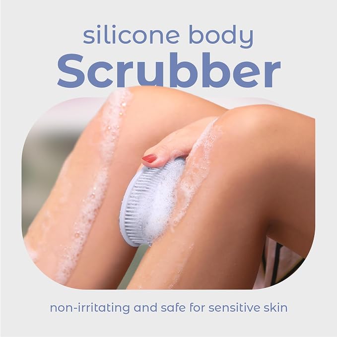 MainBasics Silicone Body Scrubber Dual-Sided, Frosted Sky, Massage | Shower Scrubber with Massage Nodes, Silicone Loofah Alternative for Deep Clean