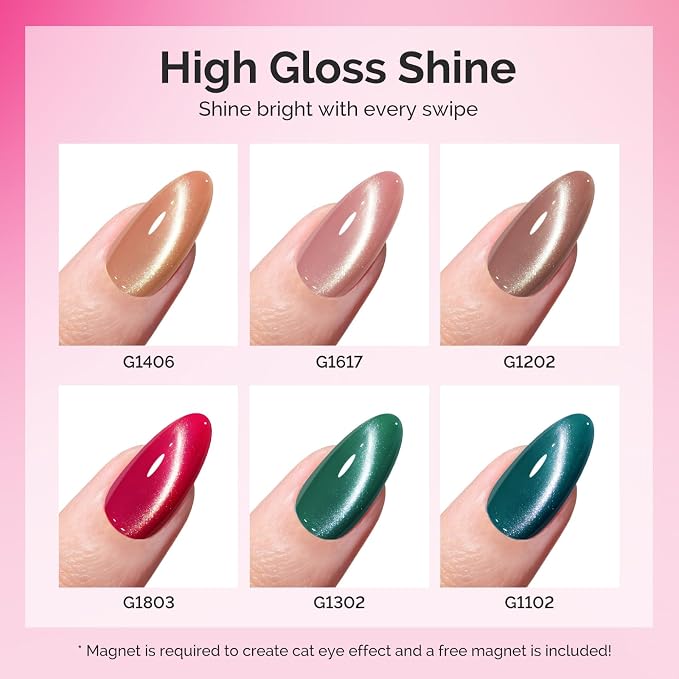 MelodySusie Velvet Gem Red Green Cat Eye Set Cat Eye Gel Nail Polish Set 6 Pcs, 0.26 Fl Oz Glitter Holographic Magnetic Nail Polish with Magnet, UV Nail Polish for Nail Art Manicure Salon DIY at Home