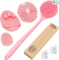 Manmihealth Silicone Back Scrubber Bath Brush Set Thick Bristles Pink | 4PCS Super-Exfoliating Body Scrubber & Super-Lathering Soft Shower Brush Combination, with 2 Adhesive Hooks
