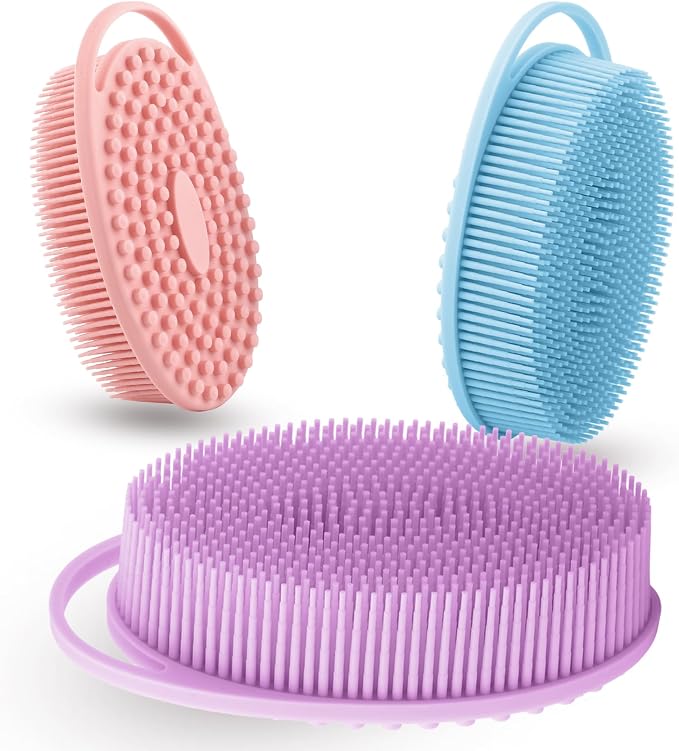Silicone Body Scrubber 3 Pack Silicone Loofah Exfoliating Body Scrubber Soft Silicone Shower Brush with Handle Double Sided Bath Body Brush for Women Men Cleaning Massage Sensitive Skin, Lather Well
