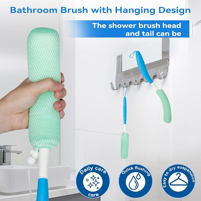 Back Scrubber for Shower,15.35"Curved Body Brush with Anti Slip Long Handle | Long Back Scrubber for Men & Women, Skin Exfoliating Curved Back Scrub Brush, Removable Long Handle Mesh Sponge Back Washer