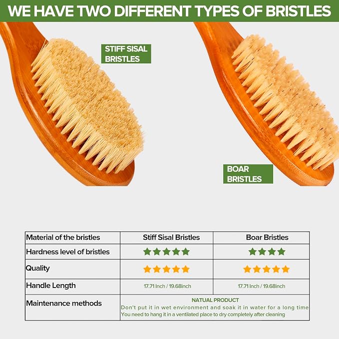 ICANdOIT-17.71Inch Natural Boar Bristles Anti-Slip Long Handle Bath Brush,Bent Handle Shower Scrubber for Exfoliating,Shower Back Brush,Exfoliation Set with Pumice Stone (1 Pack)