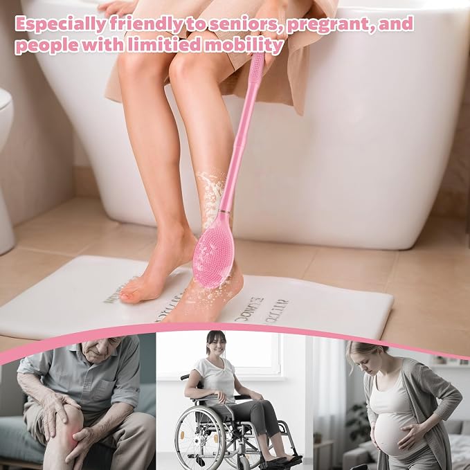 New Back Scrubber Anti-Slip for Shower, 18.9‘’ Adjustable Shower Back Scrubber with Dual-Side Head & Soft Bristles, Extra-Long Shower Brush Bath Brush for Lathering Cleansing(Pink-L)