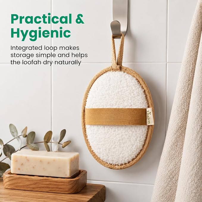 Thalen Natural Loofah Exfoliating Body Scrubber | Egyptian Loofah Sponge + Terrycloth | Shower Scrubber | Back Scrubber | Body Exfoliator | Plastic Free, No PFAS | Organic Bath Sponge – Pack of 3