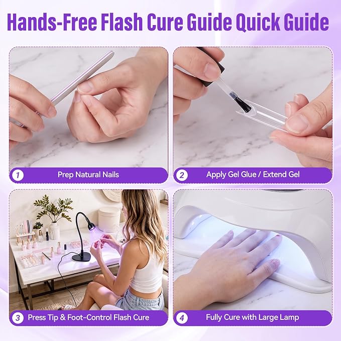 3W Flash Cure Nail Lamp with 365+405nm Dual Wavelength, UV LED Flash Cure Nail Light with Foot Pedal, Goose Neck and Stand for Gel X, Building Gel, Press on Nail