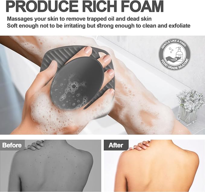Silicone Body Scrubber, Bath Brush,Gentle Texture Exfoliating Body Scrubber for Men and Women On Sensitive Skin, Soft Scrubber Builds Up Lather, Deep Skin Clean (Gray)