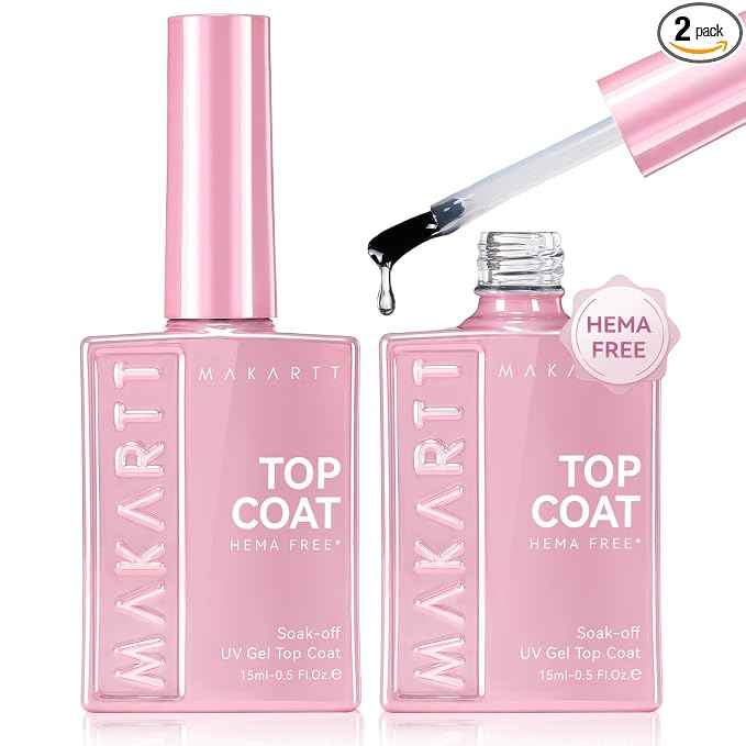 Makartt Hema-Free Gel Top Coat 2 PCS 15ml Upgraded Mild Formula | TPO-Free, Long-Lasting, High Glossy, Clear, Soak-Off UV LED Lamp Needed, No More Damaged Nails, for Home DIY Gift Salon