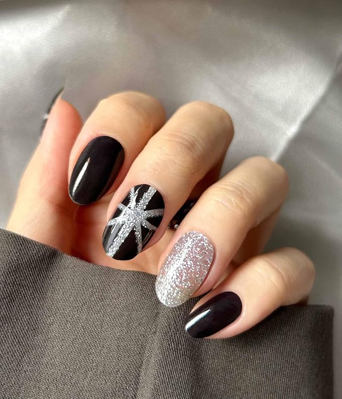 Nail Polish Strips - No UV Lamp Needed (Saint Black Glitter) | 22 Pcs Salon Quality Gel Nail Stickers - Long Lasting Wraps Easy Application and Removal