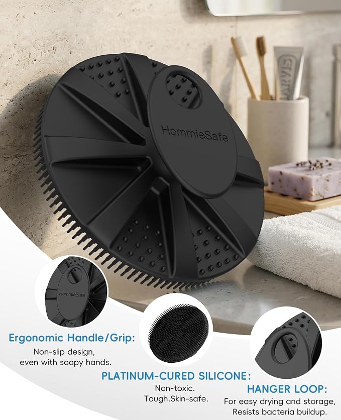 Soft Silicone Shower Brush Body Wash Bath Exfoliating Skin Massage Scrubber | 2 Pack Dry Skin Brushing Glove Loofah, Fit for Sensitive and All Kinds of Skin(Sky Blue+Black)