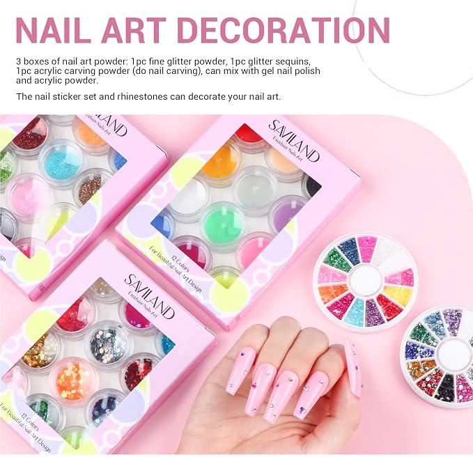 SAVILAND Professional Acrylic Nail Kit with Everything Nail Drill U V Lamp | Complete beginner kit, acrylic liquid, nail art brushes, glitter powder, nail tips, home DIY salon use, gift set