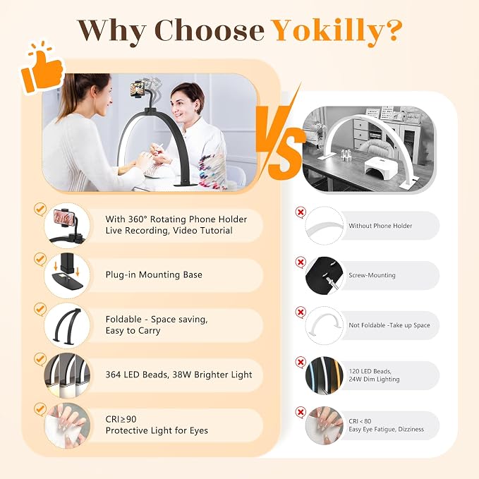 Yokilly Half Moon Light for Nail Desk: 29" Foldable Nail Light for Desk | AB Diamonds Arch Nail Tech Light with Phone Holder for Beginner - 3 Color Modes & 10 Brightness for Manicure Salon-Black