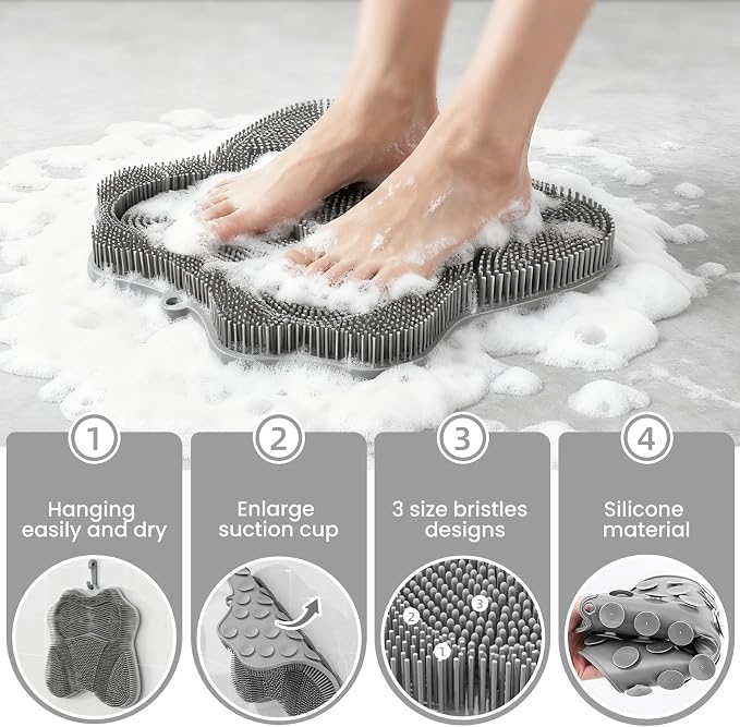 Shower Foot Scrubber Mat with Wall Mount Suction Cups, Foot and Back Scrubber for Use in Shower for Improve Skin Exfoliation (Grey)