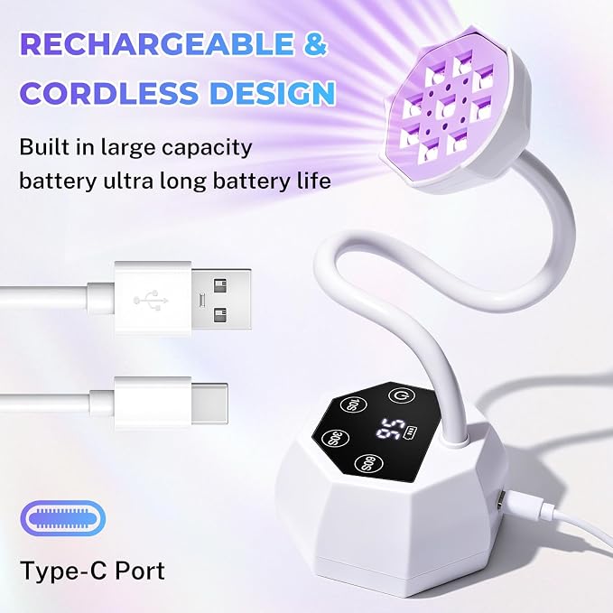 YSC UV Nail Lamp,Cordless Rechargeable UV Light for Gel Nails,27W Mini Flash Cure Nail Lamp with 4 Timers LCD Display & Smart Sensor, Foldable 360° Gooseneck Nail Dryer for Gel Polish,Home Salon DIY