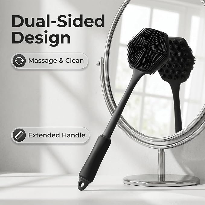 Silicone Back Scrubber & Face Scrubber Set,2Pcs Body Exfoliator | 17-Inch Long Handle with Bath Puff,Soft Exfoliating Brush for Back & Face,Deep Cleanse for Men Women Skin
