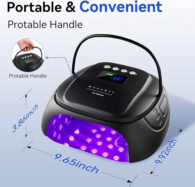 Makartt Professional UV Nail Light with Handle 30W Rechargeable Nail Dryer | Cordless Nail Light with 45 LED Beads 4 Timers LCD Auto Sensor Fast Curing Gel Polish for Home DIY Salon, Matte Black
