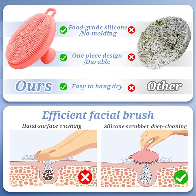 Silicone Face & Back Scrubber Set, Manual Face & Body Scrubber Exfoliator with Soft Bristles and Non-Slip Handle, Back Brush Bath Brush with 2 Detachable Brush Heads(3PCS Pink Set)