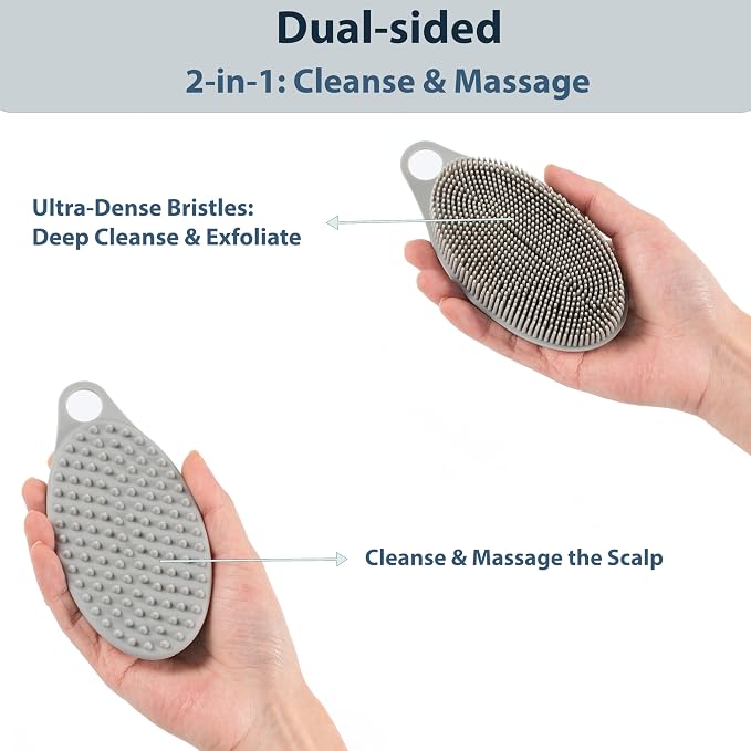 MtBoi 2 Pack Silicone Exfoliating Body Scrubber, Soft Silicone Loofah for Sensitive Skin, 2-in-1 Body Brush & Shower Head Massager, Easy to Clean, Rich Lather (Gray&Green)