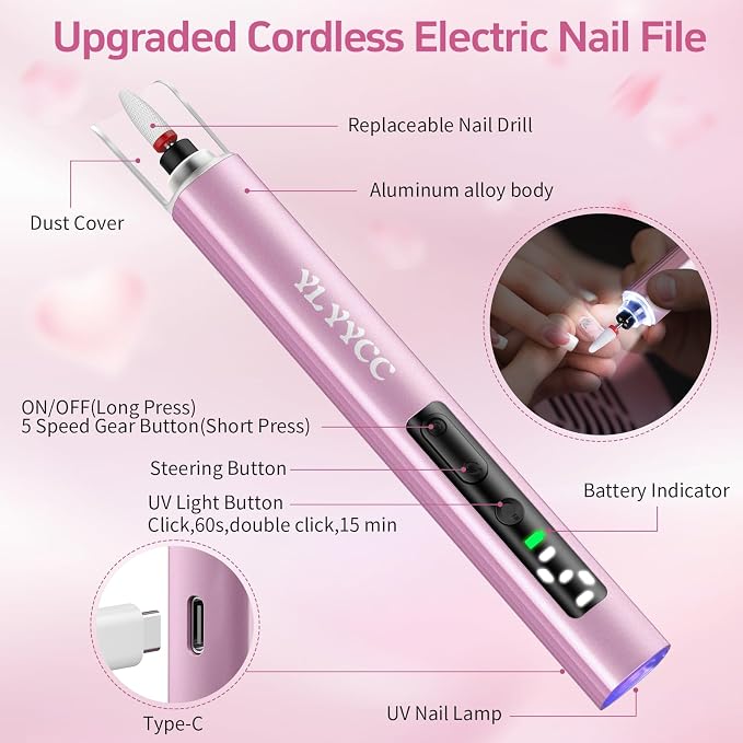 Cordless Nail Drill Electric File Kit with UV Nail Lamp | Portable, Rechargeable, Nail Drill Machine, for Acrylic, Gel Dip, Powder Nails