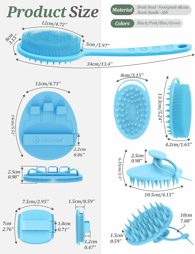 Silicone Back/Body/Face Scrubber & Scalp Massager Set 5PCS, 13.4'' Soft Back Scrubber, 360° Anti-Slip Bath Glove, Unique Side-bristled Face Scrubber, Shampoo Brush for All-Round Cleaning(Blue)