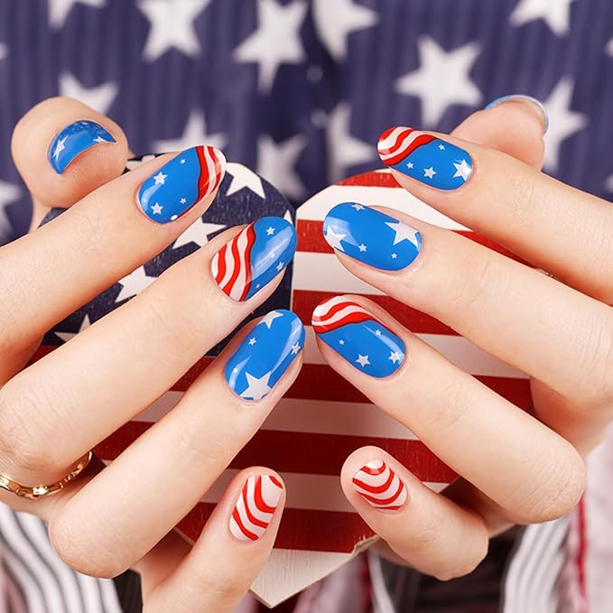 4th of July Nail Wraps - 20Pcs American Flag Nail Polish Strips, Patriotic Nail Stickers for Independence Day, Long Lasting Salon-Quality, Includes Nails File & Wooden Stick - UV/LED Lamp Required