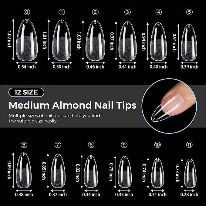 TOMICCA Medium Almond Nail Tips, 240Pcs Half Matte Pre Shaped No Filing Almond Nail Tips, 15 Sizes Full Cover Clear Acrylic Nails for Nail Art, Gel Nail Extension Tips for Beginners & Professionals