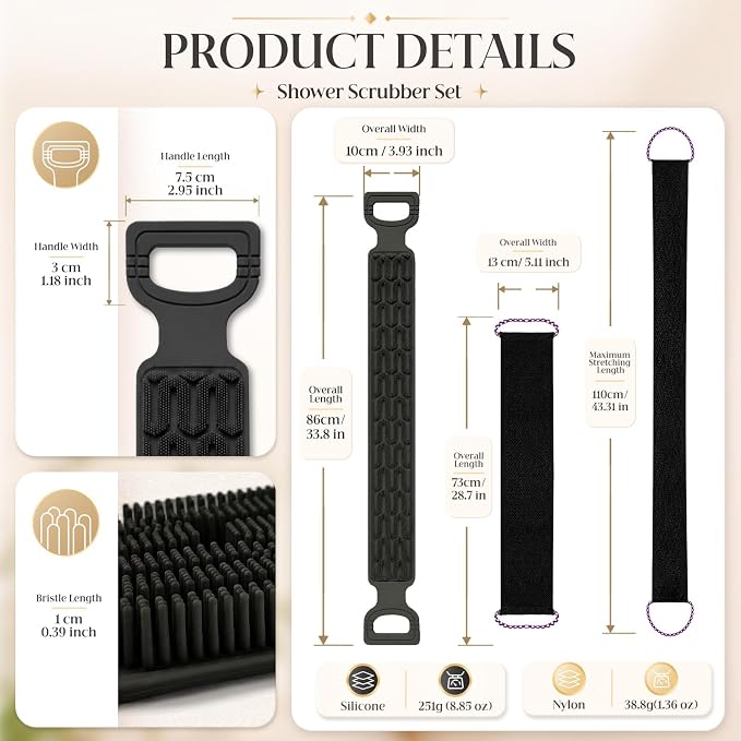 Manmihealth Silicone Back Scrubber for Shower & African Bath Sponge Set | Upgrade 33.8'' Long Silicone Back Brush & Exfoliating Net Sponge Combination, Dual-Sided Use Shower Loofah(Black+Black)