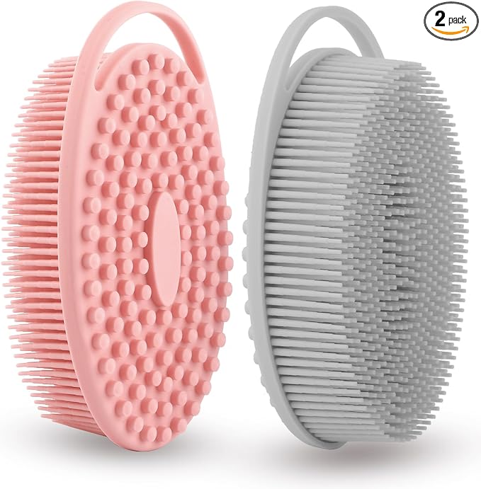 Silicone Body Scrubber 2 Pcs Silicone Loofah Exfoliating Body Scrubber for Men Women Soft Silicones Shower Scrubbers Double Sided Silicones Bath Bodys Brush for All Skin Lather Well, Gray and Pink