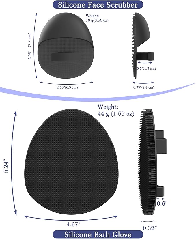 Manmihealth Silicone Body Scrubber & Face Brush Set Thick Bristles Black | 3PCS Super-Exfoliating & Lathering Back Scrubber, Shower Brush, Face Scrubber Combination, with a Free Hook