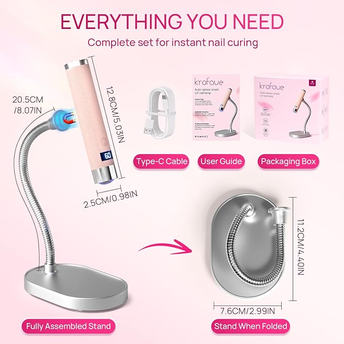 Krofaue Handheld UV Lamp with Auto-Sensor, Rechargeable Nail Dryer | Magnetic head, 360° gooseneck, 30s/60s timers, LCD display, 800mAh battery, 60min cordless use, for salon home travel