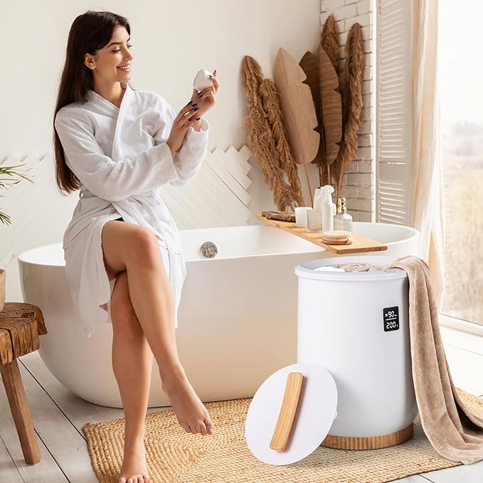 Tangkula Towel Warmer Bucket, 20L Heated Towel Warmer w/LED Display, 1-Button Control & 20/40/60/90 Min Timer, Luxury Bathroom Spa Towel Heater w/Fragrant Disc Holder & Auto Shut Off (White, 20L)