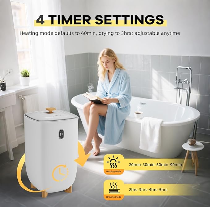 Large Towel Warmer for Bathroom Heated Towel Warmers Bucket, Auto Shut Off, Wood Handle, Fits 6 Oversized Towels, Bathrobes, Blankets, Clothes, for Spa, for Mother's Gifts